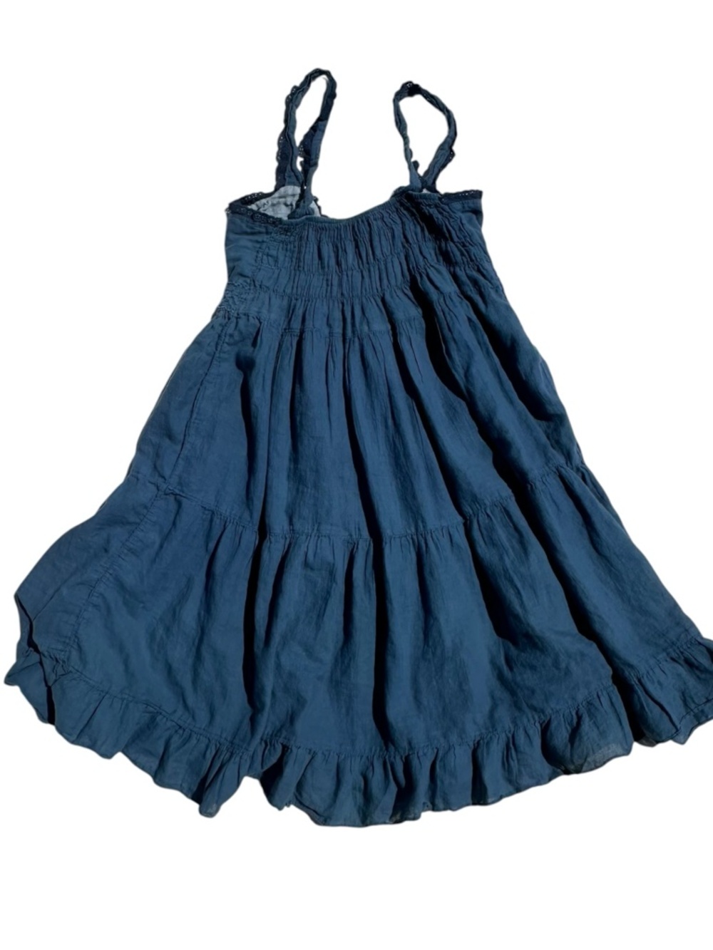 Boho Blue Tiered Babydoll Dress Crochet Lace Trim Smocked Mini Small - Picture 3 of 6